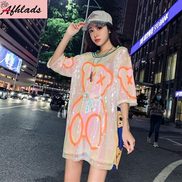 

women's t-shirt plus size sequined cartoon designer streetwear print hip hop summer oversized short sleeve night club, White