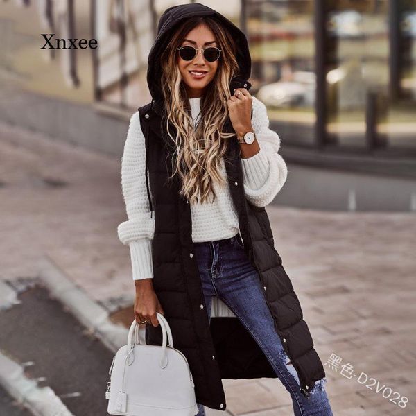 

women's vests winter fashion casual solid color hooded slim temperament sleeveless cardigan mid-length cotton jacket, Black;white
