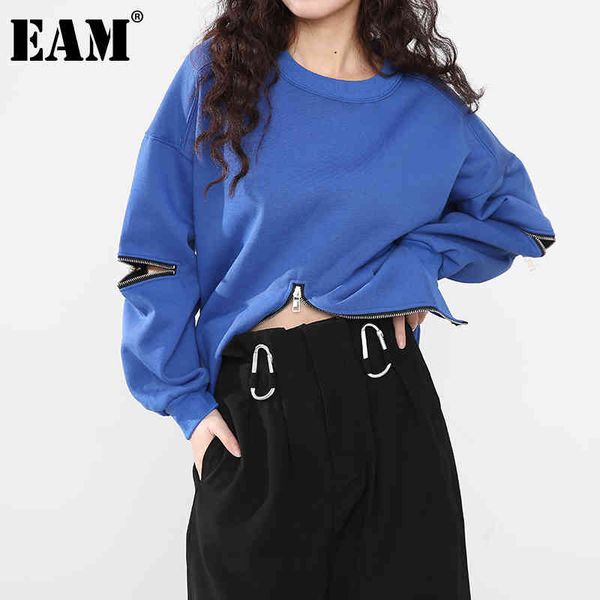 

[eam] loose fit zipper irregular sweatshirt round neck long sleeve women big size fashion spring autumn 1dd515405 210512, Black