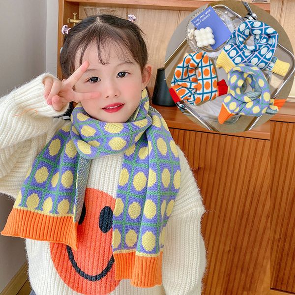 

winter warm kids baby long scarf for boys girls polka dots plaid knitted soft collar neck scarf 1-10t children bebe scarves, Blue;gray