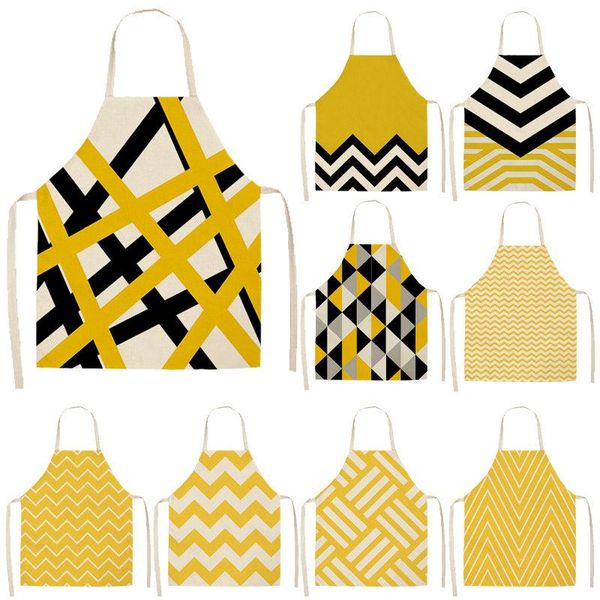 

aprons 1pcs yellow geometric kitchen chef for women cotton linen bibs household cleaning pinafore home cooking apron 55x68cm