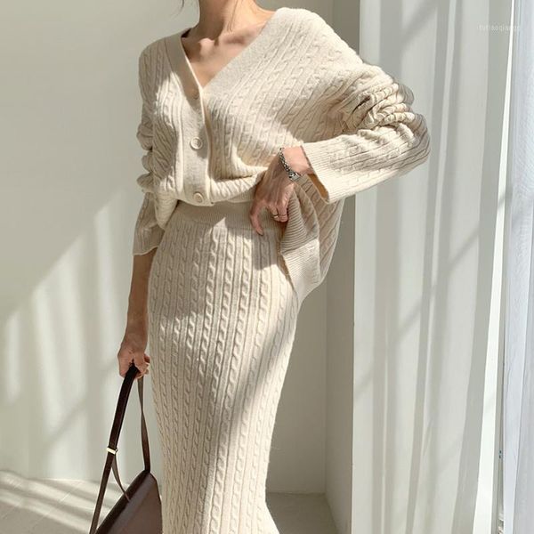 

women set sweater cardigan + knitted slim skirts two-piece sets office lady 2021 autumn winter costume korean wild women's tracksuits, Gray