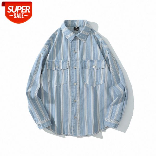 

striped denim shirt men's loose hit color flow couple all-match japanese casual long-sleeved #bv6p, White;black