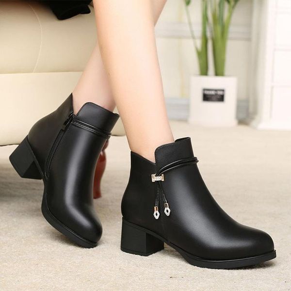 

boots 2021 women ankle winter warm plush shoes black pu leather female thick sqrare heel footwear botas mujer fashion