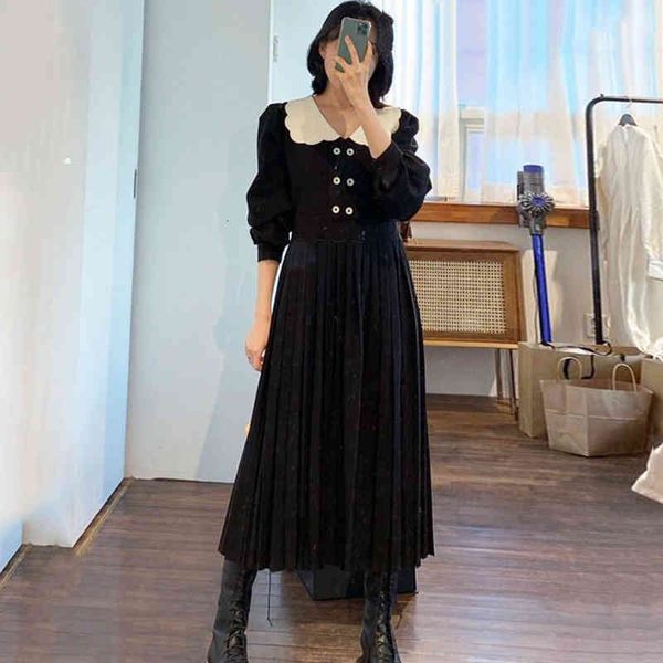 

dresses elegant spring women chic fashion vintage long sleeve buttons female pleated es mujer cjtd b0et, Black;gray