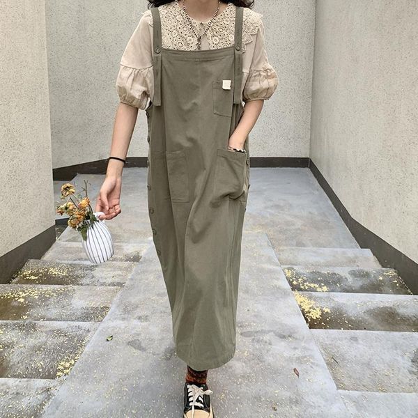 

casual dresses 2021 summer women dungaree dress retro loose mid-length sleeveless sundresses solid vest strap overall, Black;gray