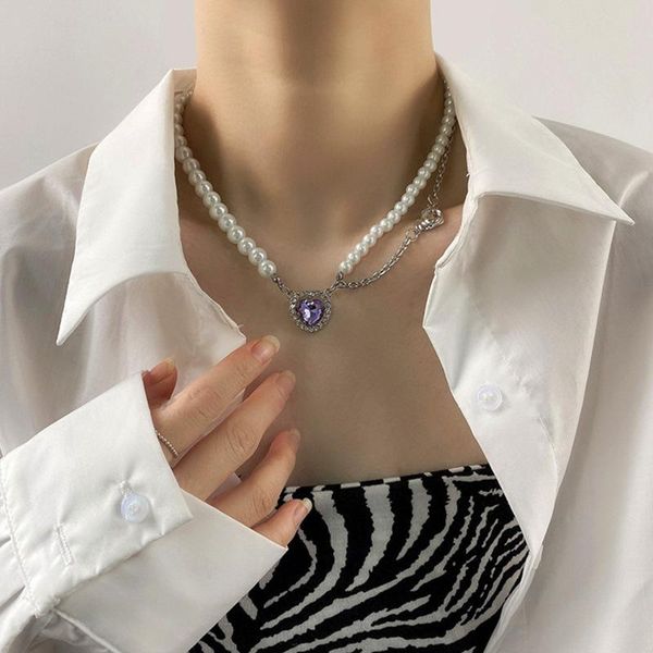 

chains 2021 retro pearl chian necklace colorful rhinestone love multilayer choker for women girls party jewelry gifts, Silver