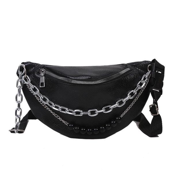 

fanny pack women's waist bag pu leather black waterproof chest phone pouch women chain 2021 bags