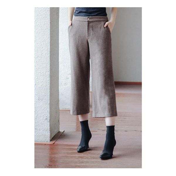 

women's pants & capris england style regular brown calf length 100%wool, Black;white