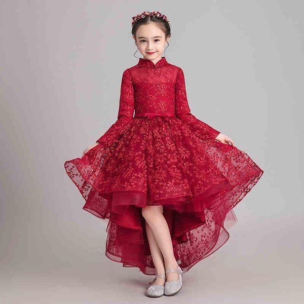 

red tulle high low princess dress for girls long sleeve flower lace evening birthday party first communion dresses girl's, Red;yellow
