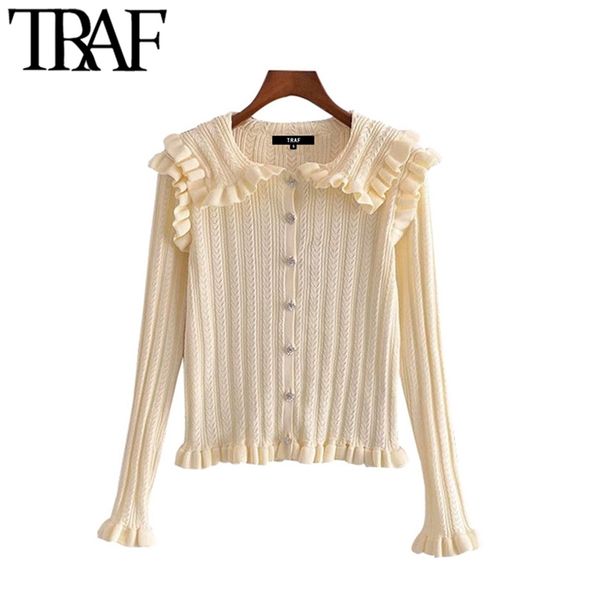 

women fashion with rhinestone buttons ruffled knit cardigan sweater vintage long sleeve female outerwear chic 210507, White
