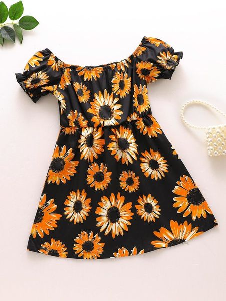 

toddler girls sunflower print puff sleeve a-line dress she, Red;yellow