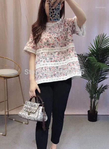 

[elfstyle] - floral print cotton linen blouse round neck lace insert embroidered detail with pleats short sleeved woman women's blo, White