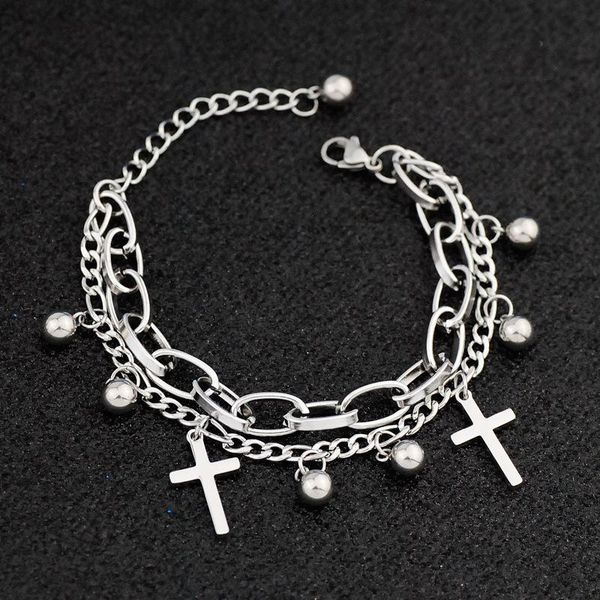 

fashion bracelet stainless steel cross bead pendant double chain titanium women's jewelry charm bracelets, Golden;silver