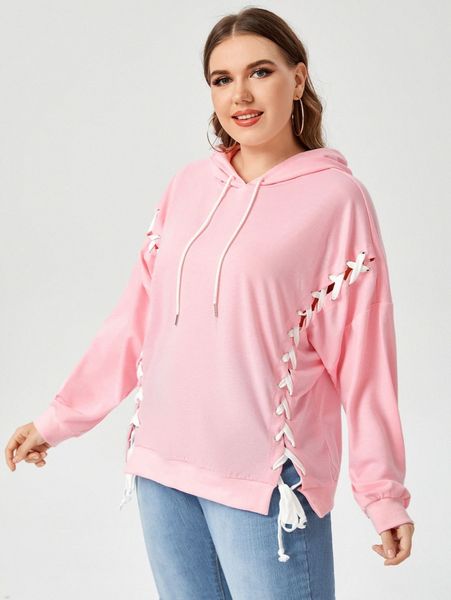 

plus lace up side drawstring hoodie d1ap#, Black
