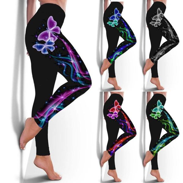 

women fashion butterfly print 2021 pants plus size casual high waist push up sport trousers#r women's leggings, Black