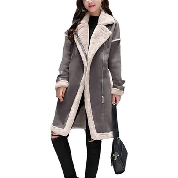 

women's wool & blends coat oln korean wholesale leather jacket female winter long fur locomotive lamb suede stitching woolen, Black