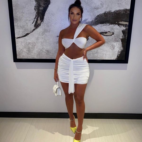 

women short tube pleated navel sleeveless pure color dress two-piece pleated hollow(the logistics price pls contact us), White