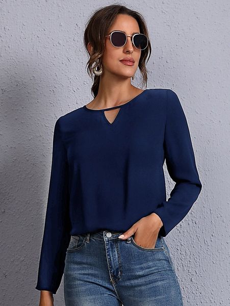 

solid keyhole neck blouse a909#, White