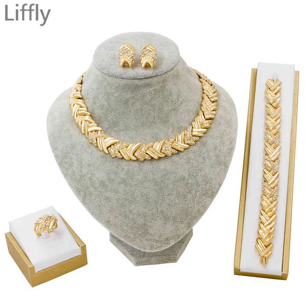 

jewelry sets liffly bridal dubai gold crystal necklace bracelet nigerian wedding party women fashion set, Black