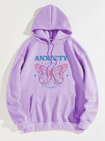 

letter & butterfly print drawstring thermal lined hoodie 715k#, White;black