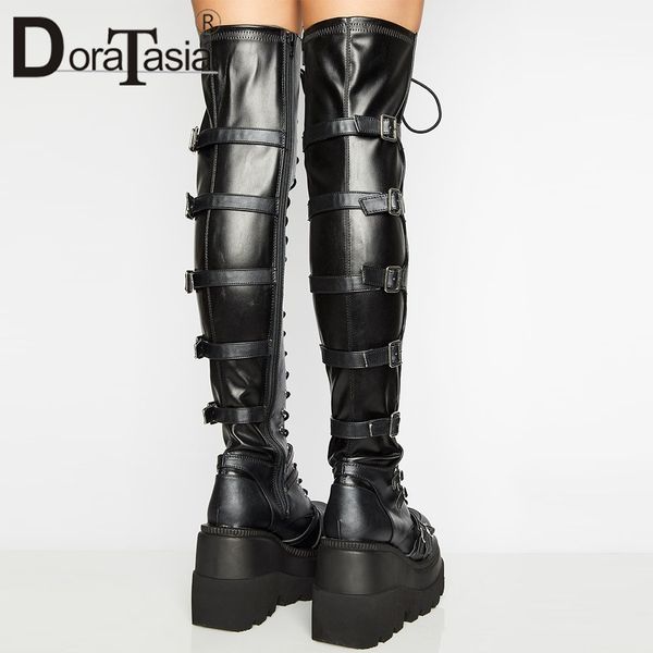 Marke Design Weibliche Hohe Plattform Oberschenkel Hohe Stiefel Mode Schnalle Punk High Heels Stiefel Frauen Cosplay Keile Schuhe Frau K78