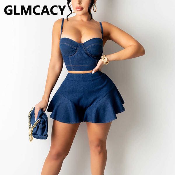 

two piece denim dress suits spaghetti strap crop & mini skirt set 210702, White