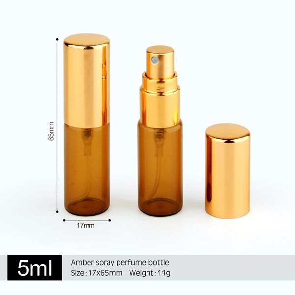 100 pcs / lote 5ml âmbar vidro spray garrafa de alumínio atomizador atomizador frasco de perfume