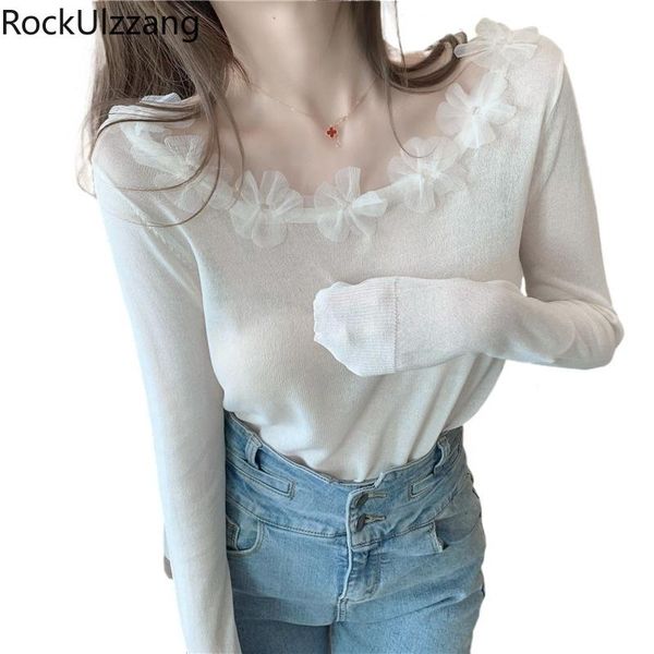 

aesthetic cute flower neck knit long sleeve t-shirt women spring t shirt tee fall autumn korean kawaii fashion white women's