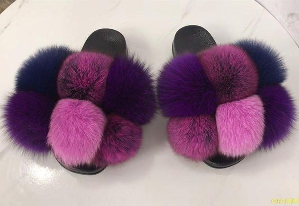 

slippers women pom fur fashion flip flops fluffy ball slides cute raccoon hair sandals outdoor rainbow shoes r5xb, Black