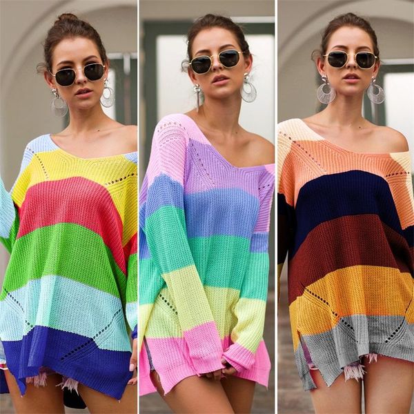 

women's sweaters women autumn rainbow striped oversized sweater patchwork knitwear harajuku ladies split long sleeve streetwear, White;black
