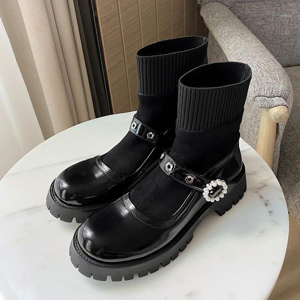 

boots fashion motorcycle leather winter est platform cow chunky heels shoes woman night club ankle1, Black