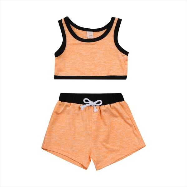 

childrens two piece set solid color stitching sleeveless vest belt tie shorts sports suit, White