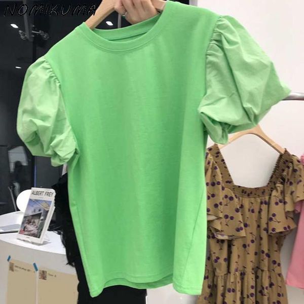 

women's t-shirt nomikuma chic patchwork puff sleeve graphic t shirts korean causal o-neck woman tshirts summer sweet shirt 2021 6j650, White