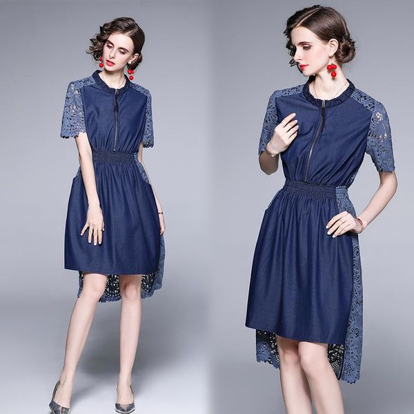 

casual dresses simgent denim dress 2021 summer women lace crochet patchwork hi-lo robe femme vestidos de mujer sg14195, Black;gray