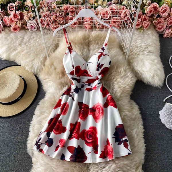 

neploe summer woman dress lady v-neck sleeveless sling temperament vestidos slim floral backless mini dresses women 210422, Black;gray