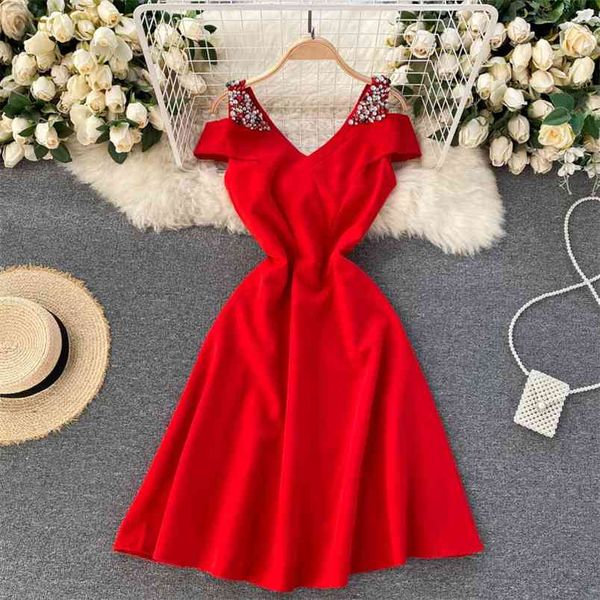 

summer vestidos female leaky shoulder diamond short-sleeved waist slimming retro temperament a-line mini dress c806 210506, Black;gray