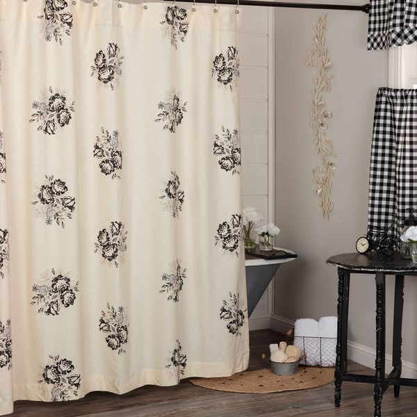 

lydia black floral shower curtain, 72" x 72", vintage farmhouse boho style flower print bathroom curtain, cream & black bath