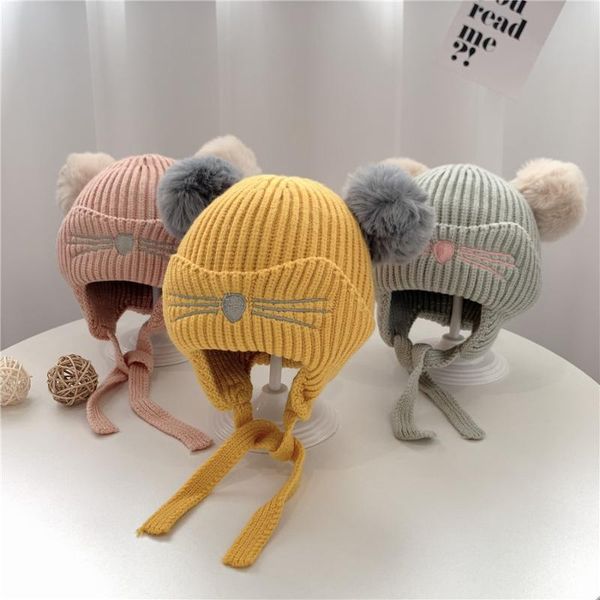 

berets baby beanies hats children knitted pompon winter autumn cute cap for girls boys casual cat warm girl hat with two balls, Blue;gray