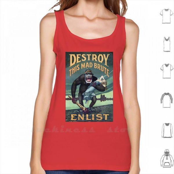 

vintage world war i german men gorilla propoganda tank vest 100% cotton army recruitment enlist, White;black