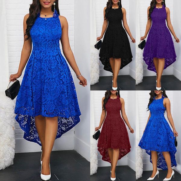 

party summer elegant women dresses solid color lace high low sleeveless plus size, Black;gray