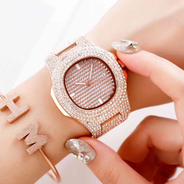

women fashion luxury two tone diamond lady gift set bling hip hop iced out watches with bracelet relogio feminino, Slivery;brown