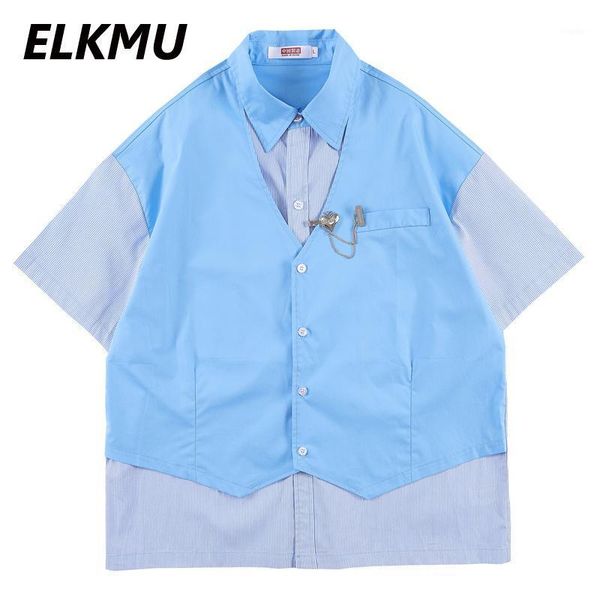 

men's casual shirts elkmu harajuku streetwear fake two pieces stripe summer hawaiian short sleeve shirt oversized hm407, White;black