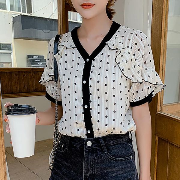 

chemisier femme v-neck ruffles chiffon women blouse polka dot button summer ladies short sleeve korean shirt woman clothes women's blo, White