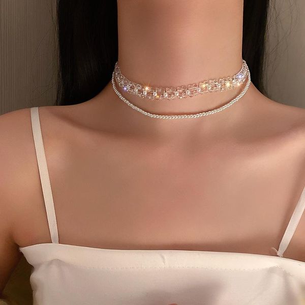 

vsnow fashion bling crystal double layer chokers necklace for women exquisite beaded party holiday jewellery, Golden;silver