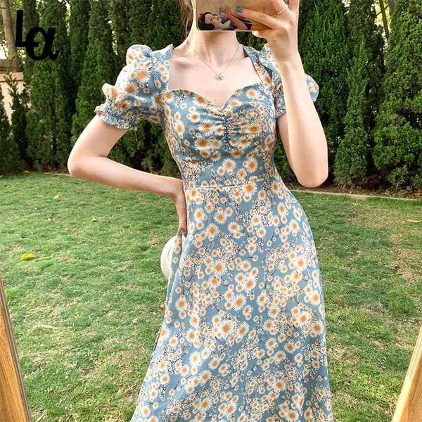 

women summer floral print dress fashion puff sleeve split slim es elegant vintage plus size vestidos 210519, Black;gray