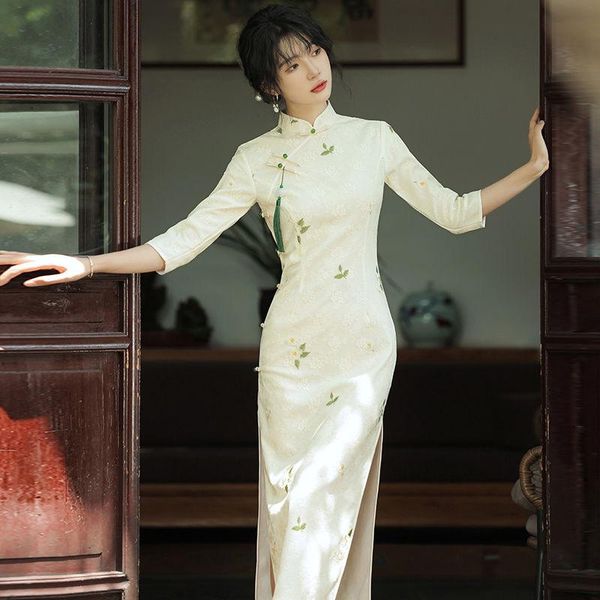 

ethnic clothing summer autumn chinese style improved cheongsam lace flower embroidered dress women elegant button vintage party qipao dresse, Red