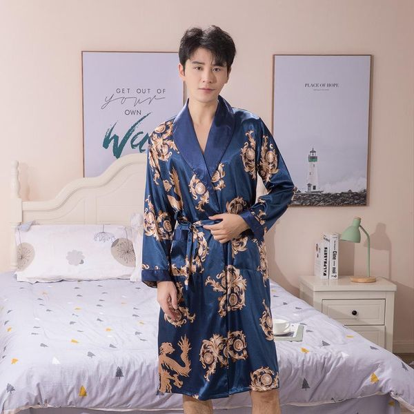 

men's sleepwear chinese dragon men robe gown japan satin kimono bathrobe roens dress casual male home wear fashion yukata nightgown, Black;brown
