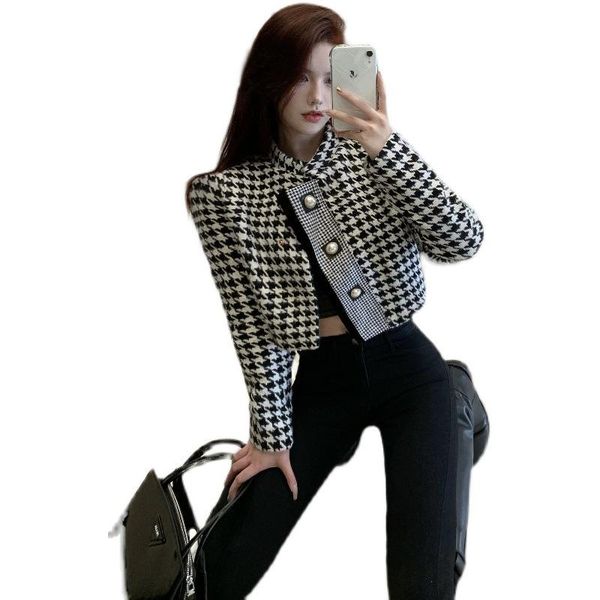 

women's jackets autumn retro houndstooth short jacket long-sleeved stand-up collar button loose lazy ztyle pearl stitching coat, Black;brown