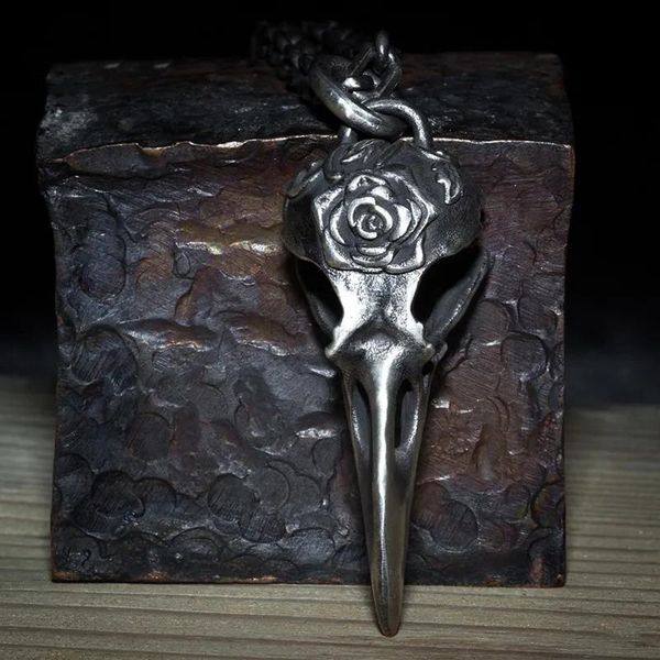 

pendant necklaces personality silver color carving rose flower crow head necklace for men women hip hop chain jewelry accessories